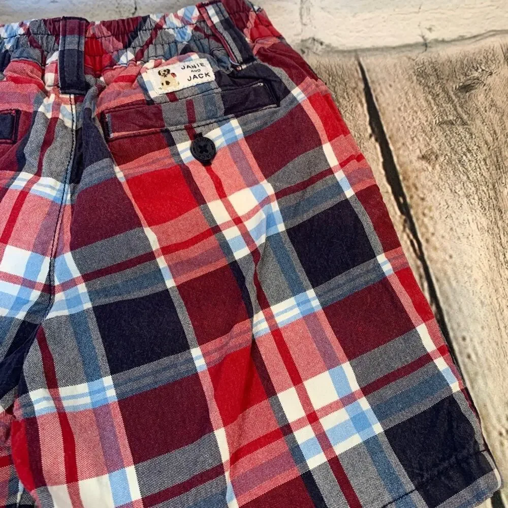 JANIE AND JACK Boy’s NWOT Red/White/Blue Plaid Chino Shorts / Size: 6-12 Months
